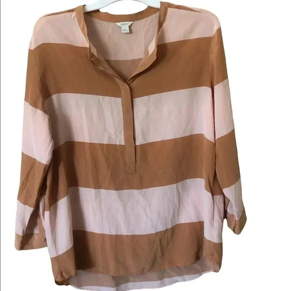 Fossil neutral striped Crew Neck silk blouse Fall Blouse classic preppy timeless - Picture 2 of 12